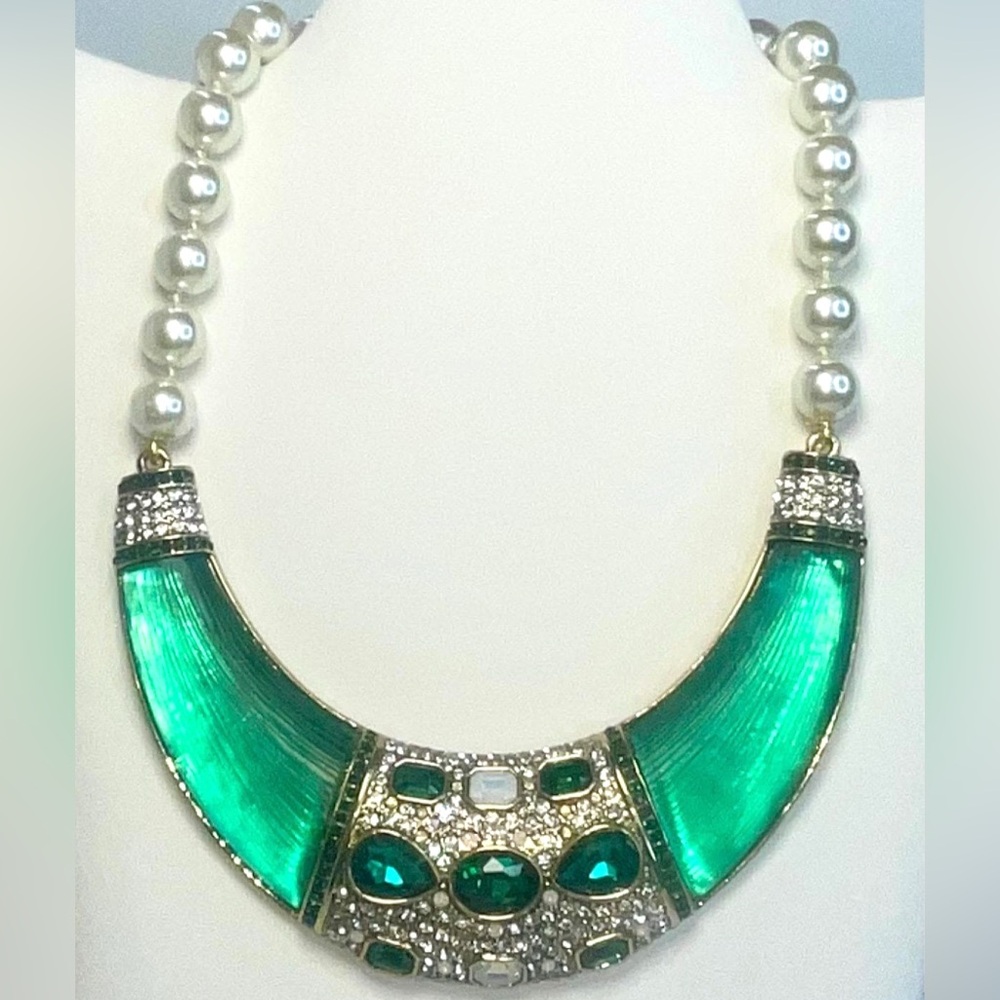 Bib Necklace, Faux Pearls, Emerald & Clear Crystals